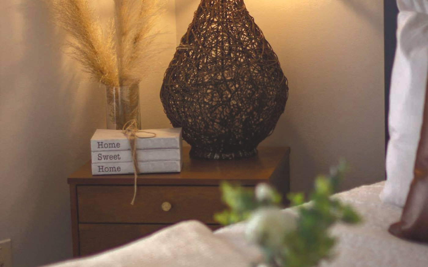 Styled interior with woven pendant decor